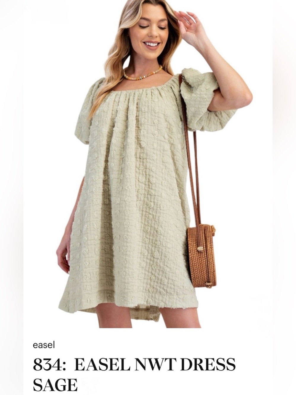 Easel NWT Sage Textured Puff-Sleeve Mini Dress size Large